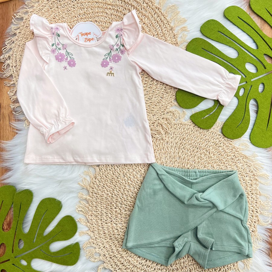 Conj. Blusa Manga Longa Florzinhas Laterais e Short - Rosa e Verde